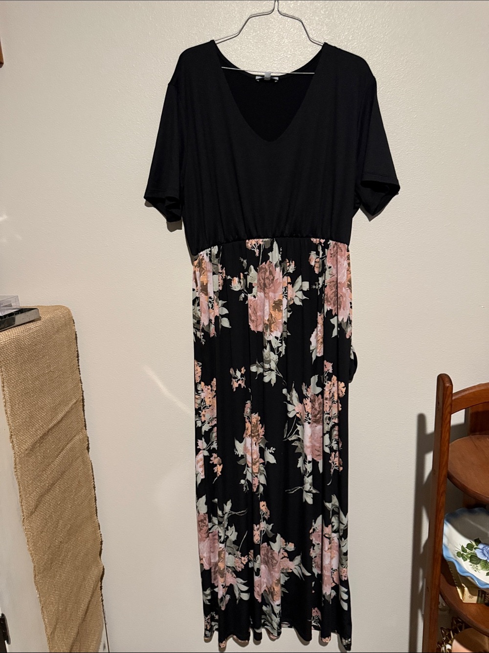white birch Black Maxi Dress with Pink Floral Skirt